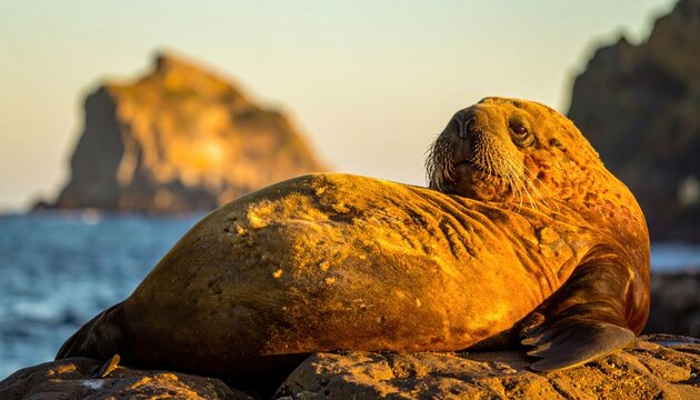 A magnificent sea lion with weathered fur rests on a sun-drenched rock, its whiskered face relaxed by the warm ocean light.