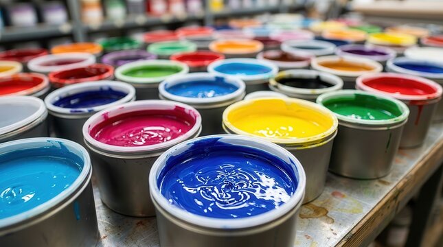 Vibrant open cans of colorful printing inks arranged for offset or screen printing processes.