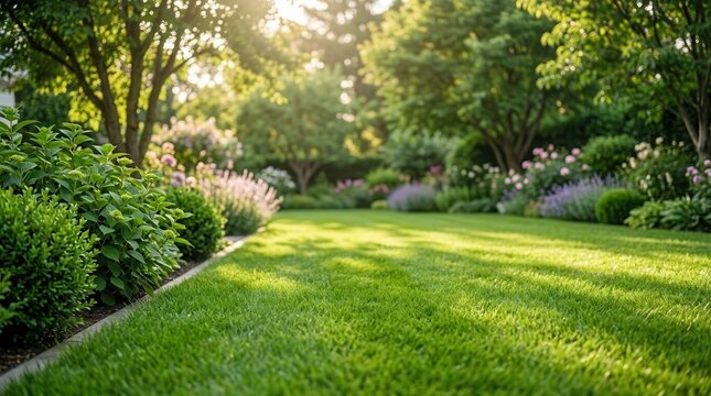 Professional landscaping and lawn mowing service for a lush residential garden.