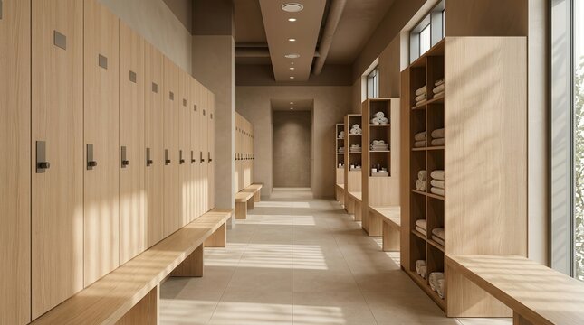 Minimalist empty changing room with wooden lockers and open cubby benches.