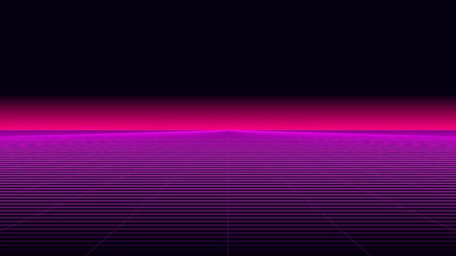 Retro wireframe landscape animation with a vibrant pink horizon and endless grid lines, perfect for electronic music or retro-futuristic themes.