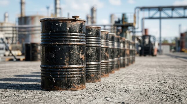Weathered oil barrels arranged on a concrete surface in an industrial setting.