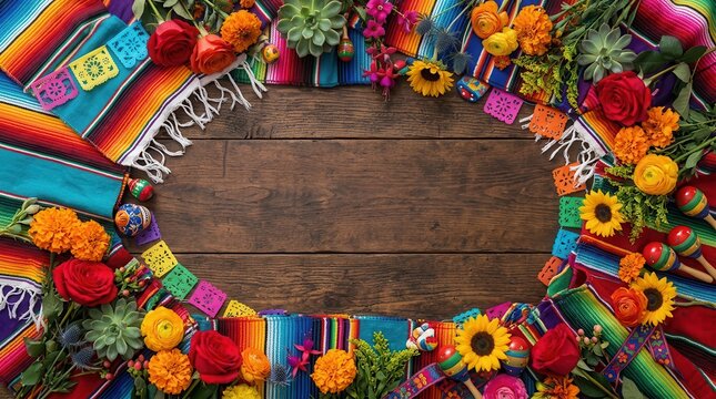 Vibrant Mexican themed background with a rustic wooden surface and colorful serape blankets.