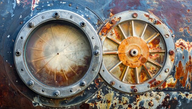 Close-up of two weathered, rusty industrial hatches on a ship or vessel.