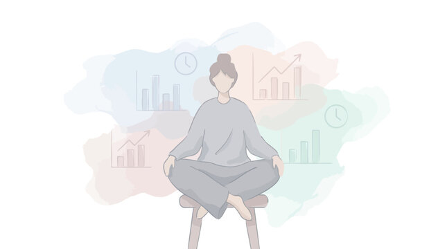 A person meditating amidst business graphs and clocks, symbolizing work-life balance and mindful productivity.