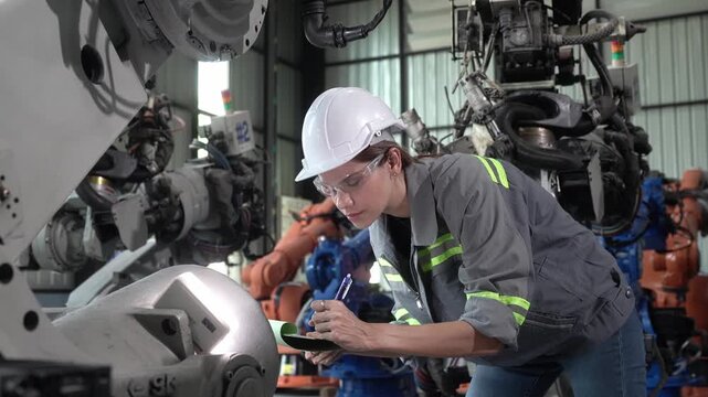 Female engineer inspecting robotic arms in a modern factory setting