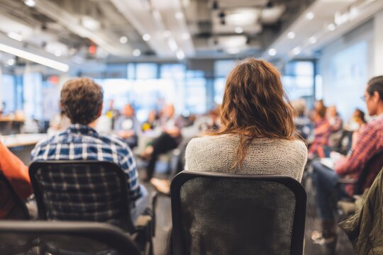 meeting - group of people sitting in chairs with their backs towards camera during an event, community workshop for business development and creativity concept with diverse group in conference room. 