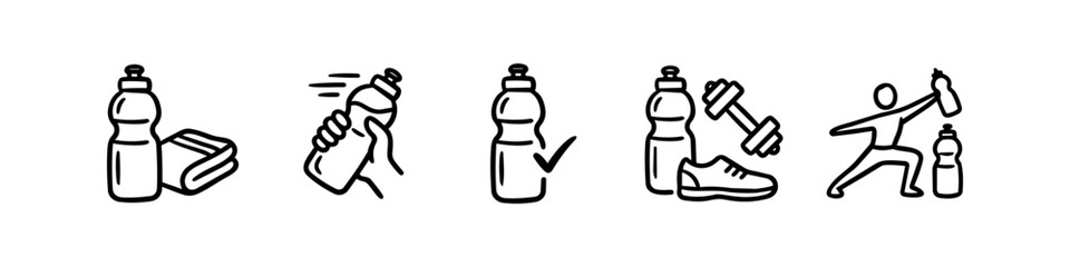 Hand-drawn line art icon set for fitness and hydration featuring water bottles, gym equipment, and an exercise pose. Perfect for health apps, wellness content, and training guides. © Trends