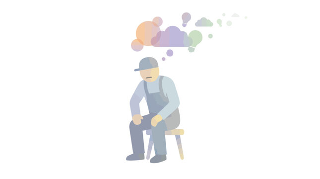 A man in overalls and a cap sits on a stool with colorful thought bubbles and lightbulbs floating above his head, depicting contemplation or creative thinking.