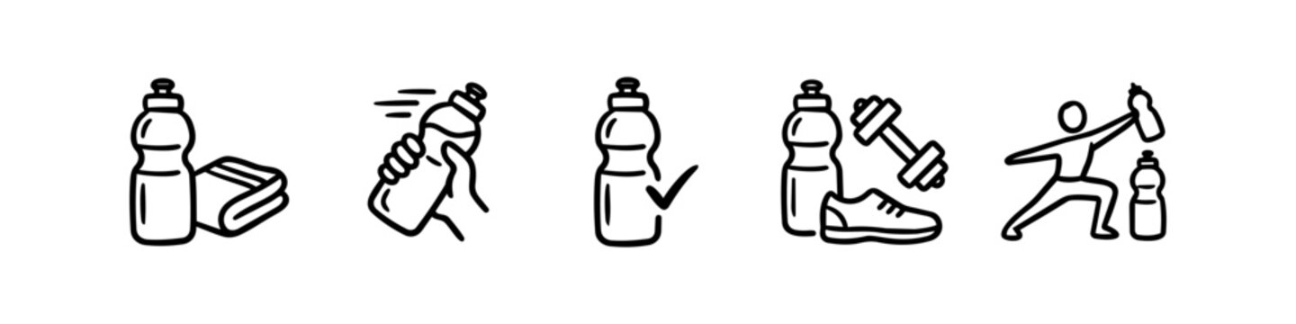 Hand-drawn line art icon set for fitness and hydration featuring water bottles, gym equipment, and an exercise pose. Perfect for health apps, wellness content, and training guides.