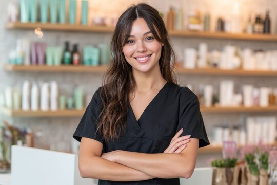 hispanic young woman in black scrubs at work as a beauty technician inside a spa salon, standing with her arms crossed and smiling at the camera while working. shelves filled with skin care products. 