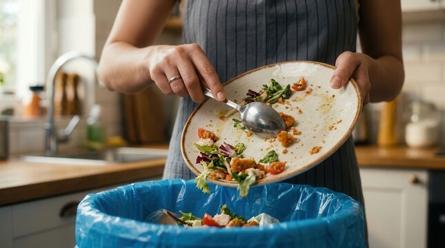 Woman scraping leftover food from a ceramic plate into a trash bin in a kitchen