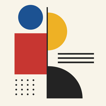 Abstract Bauhaus-inspired composition featuring geometric shapes, bold primary colors, and minimalist modern layout. Clean balance of circle, square, and lines on neutral background.
