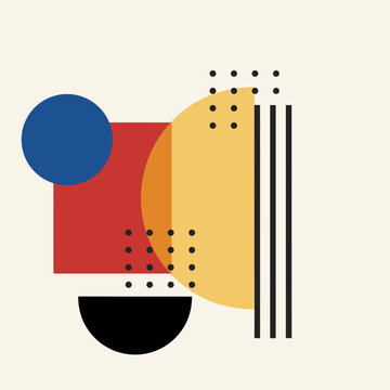 Abstract Bauhaus-inspired composition featuring geometric shapes, bold primary colors, and minimalist modern layout. Clean balance of circle, square, and lines on neutral background.

