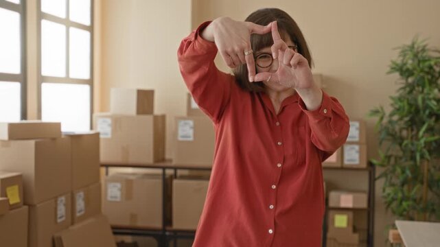 Woman framing parcels with hands and fingers while smiling in a studio filled with cardboard boxes; entrepreneurial optimism.