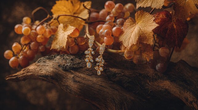 earrings  in gold 18k with diamonds, horizontal autumn grapevine composition, warm earthycolor  palette, positioned in studio as an elegant jewelry stage