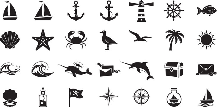 Collection of black nautical and beach themed on white background sailboat ship anchor lighthouse ship wheel