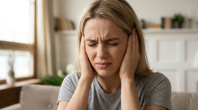 A young woman suffering from intense ear pain and tinnitus.