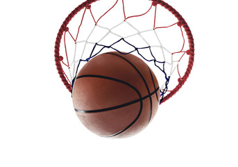 Basketball going through hoop, basketball scoring in net isolated on transparent background PNG © Julie