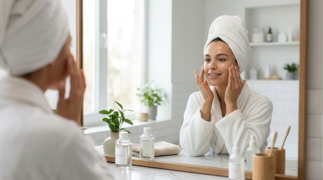 Beautiful woman applying cosmetic skin care while looking in a mirror reflection.