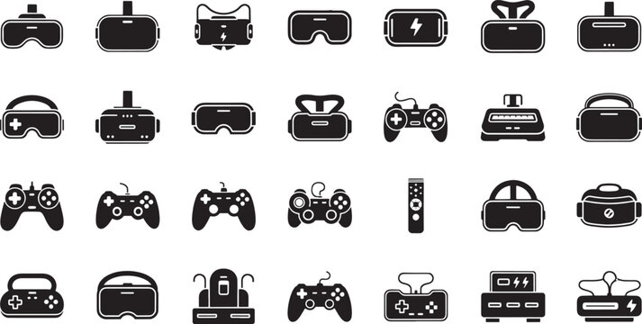 Collection of black virtual reality headsets and game controllers on white goggles gaming
