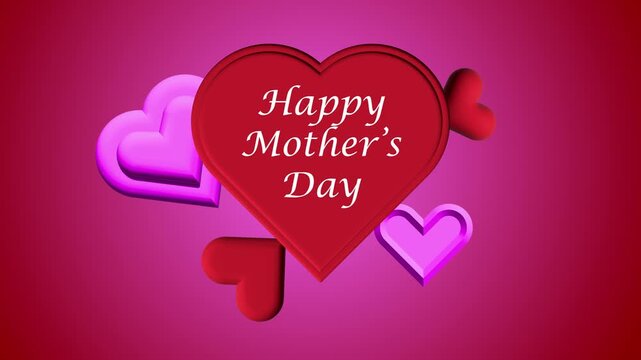 Happy Mother's Day greeting animation, 3D red and pink floating hearts on magenta background, elegant holiday celebration video loop