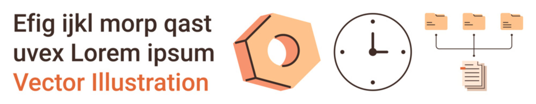 Time management, file organization, workflow efficiency, creative processes, design tools, productivity. A clock, file structure and pen nib icon. Time management and file organization concept