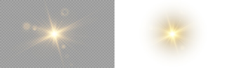 Yellow star flashed with sparkles sun isolated on white background. Soft glow without departing rays, sunlight with lens flare effect. PNG vector light effect 