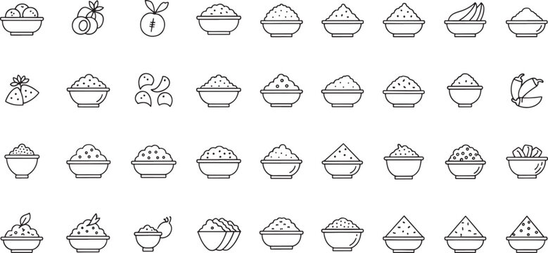 Collection of line featuring bowls of rice and various fruits and vegetables food