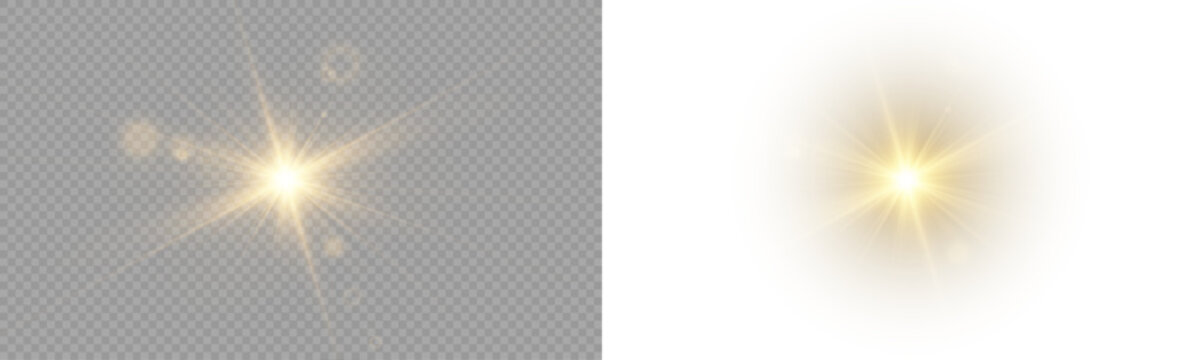Yellow star flashed with sparkles sun isolated on white background. Soft glow without departing rays, sunlight with lens flare effect. PNG vector light effect	