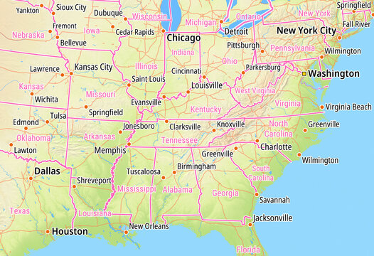Map of the State Tennessee (United States of America) and a large area of neighboring states for small print size. With relief representation and some placenames in medium fontsize.
