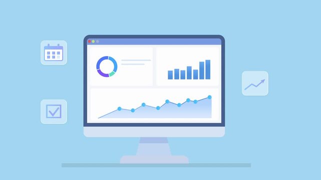 Animated desktop monitor displaying analytics dashboard with calendar and checklist icons, representing project management and business organization.
