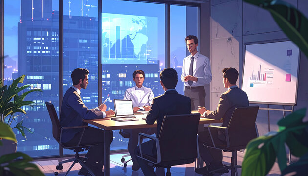 This modern illustration shows businessmen in a late night meeting. Global data overlays and a city skyline symbolize leadership and strategy, perfect for corporate growth content.