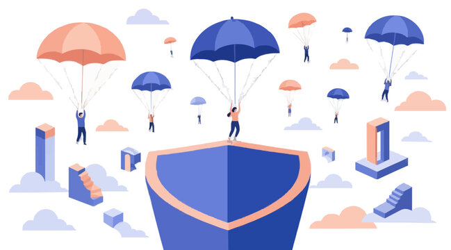 People Parachuting Down to Floating Impossible Geometric Structures