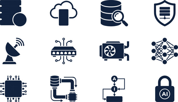 AI, Cloud, and Data Security Infrastructure Icon Set with Server, Database, Neural Network, and Cooling System Symbols for Technology, IT, and Machine Learning Projects