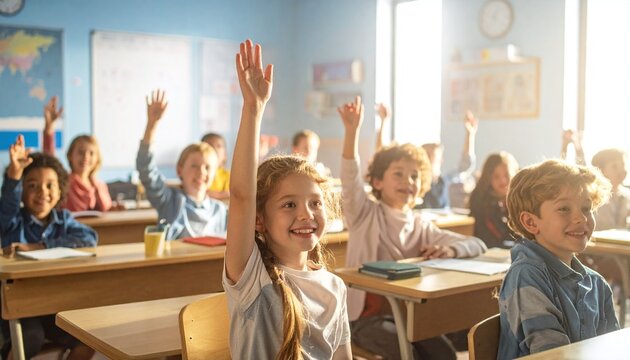 Bright classroom scene featuring diverse, eager children raising their hands to answer questions. Captures the joy of learning, curiosity, and active participation in elementary education.
