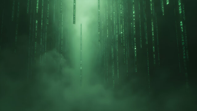 Matrix visuals with cascading digits. Ultra realistic digital art. Foggy background effects. Cinematic coding themes.