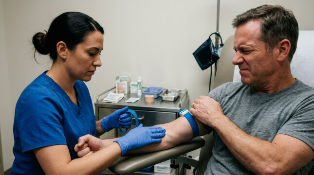 Woman phlebotomist preparing man arm for blood draw in medical clinic. Caucasian patient feeling nervous during diagnostic checkup. Professional healthcare service and laboratory testing.