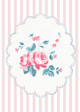Vintage Floral Frame with Pink Roses, Romantic Shabby Chic Nursery Background, Hand Painted Gouache Style Bouquet, Elegant Feminine Design for Cards, Invitations and Branding