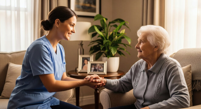 Compassionate caregiver providing comfort and support to a smiling senior woman in her home, illustrating dedicated elder care and companionship