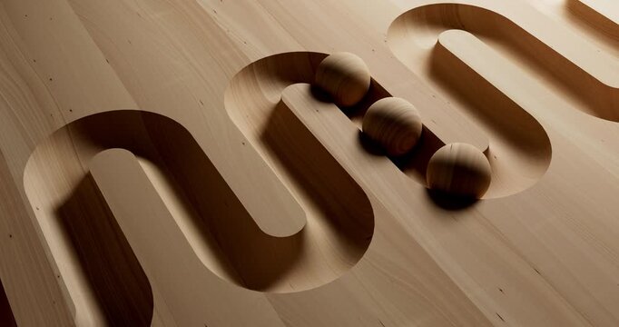 Smooth wooden maze channels with rolling spheres create a minimalist abstract geometric composition.