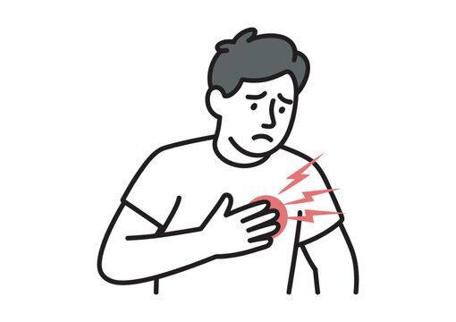 Man holding chest with pain heart attack symptom illustration, acute cardiac event emergency medical warning visual showing chest discomfort