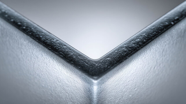 A close-up shot of a metallic, geometric shape with a sharp angle, showcasing textures and highlights