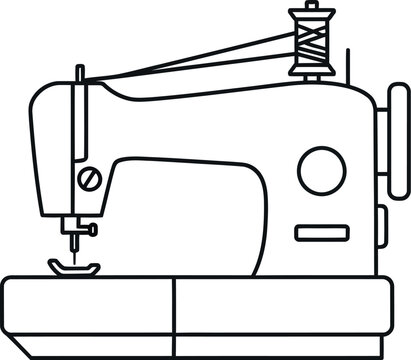Simple line art drawing of a classic domestic sewing machine isolated on a clean white background for creative design projects