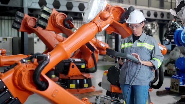 Female engineer operating robotic arms in a modern factory setting