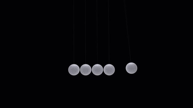 Realistic 3D Newton's cradle physics simulation in 4K. Medium shot of silver wireframe spheres swinging in a perfect loop. Minimalist scientific animation on black