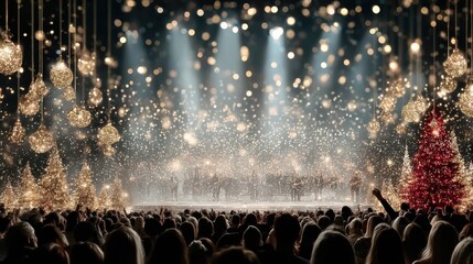 Naklejka premium Blurred orchestra Christmas concert with elegant holiday ambiance.