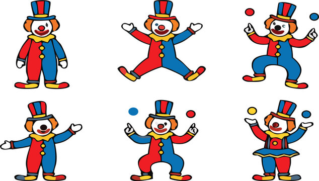 Funny clown characters juggling balls set, colorful circus performers in different poses, cartoon entertainment vector illustration for kids party, festival and carnival design