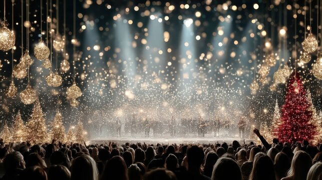 Blurred orchestra Christmas concert with elegant holiday ambiance.