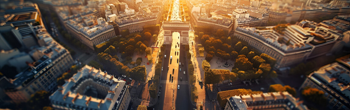 aerial sunrise view of eiffel tower in paris cityscape